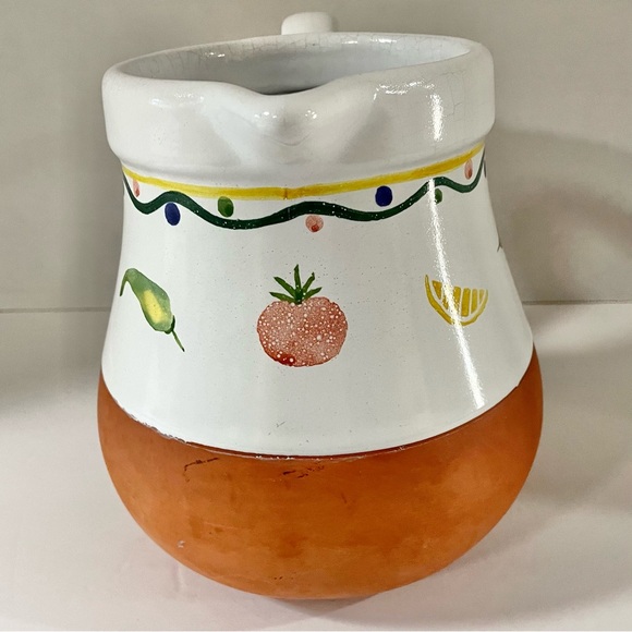 Terra Cotta & Glazed Ceramic Pitcher Vegetable Motif 7.5” Tall Mexican Style - Picture 3 of 7